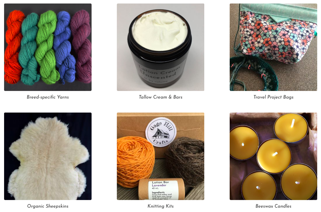 Photo of our products including yarn, knitting kits, project bags, candles, and sheepskins