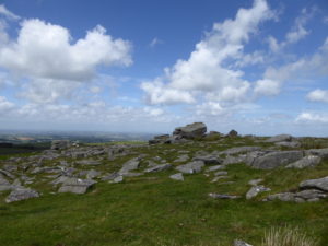 Rocks in Dartmoor park with a blue sky and clouds